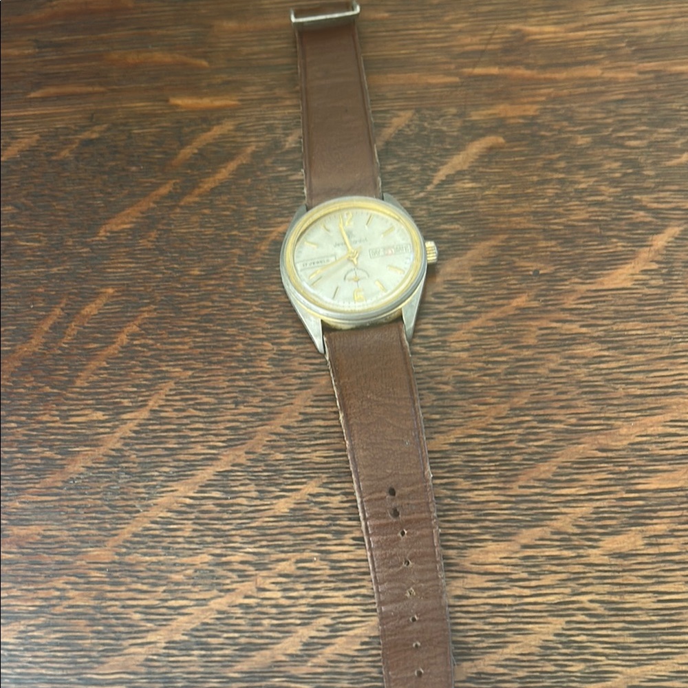 Vintage Jean Cardot Brown Leather Strap Watch with Gold Dial